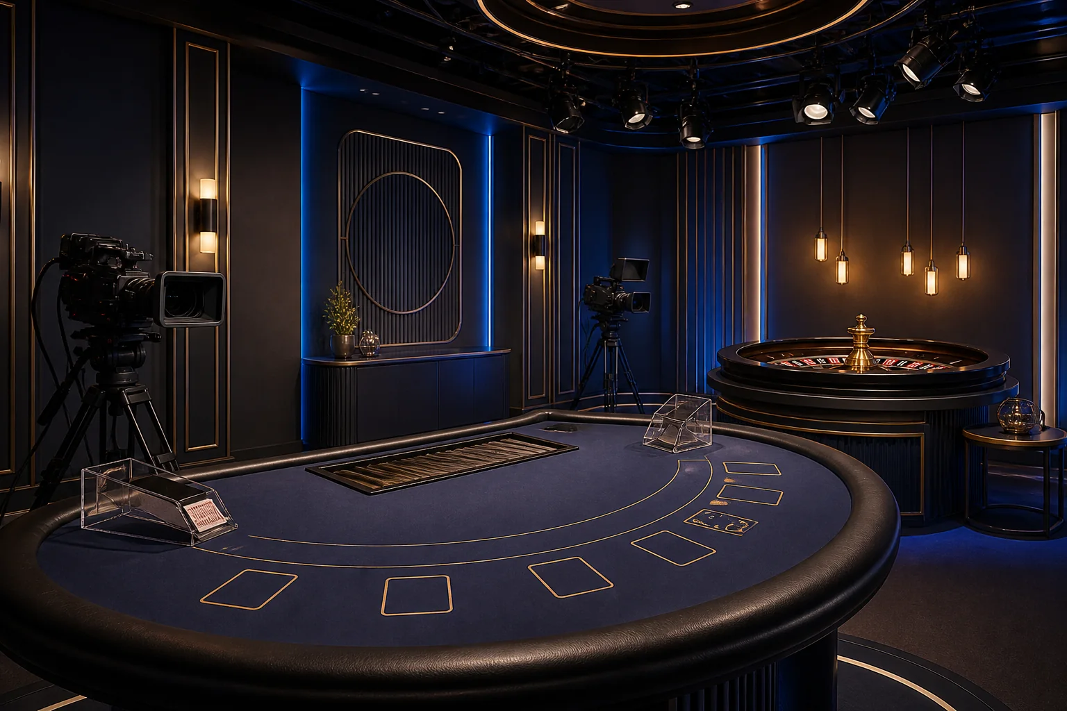 Modernes Live-Casino-Studio mit Roulette- und Kartentisch